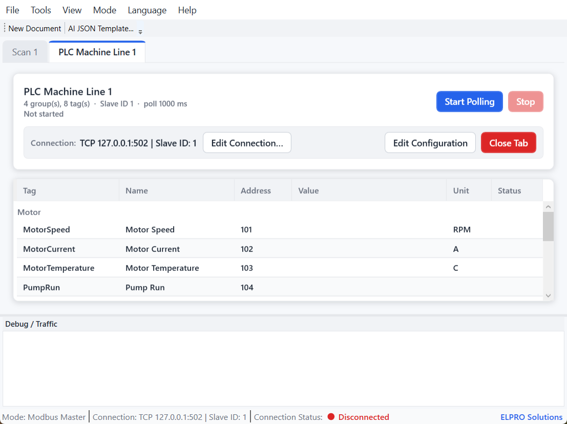 modbusAI live dashboard showing Modbus tag values, connection state, and diagnostic traffic