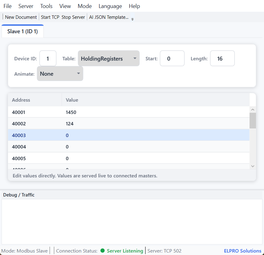 Modbus Slave simulation screen