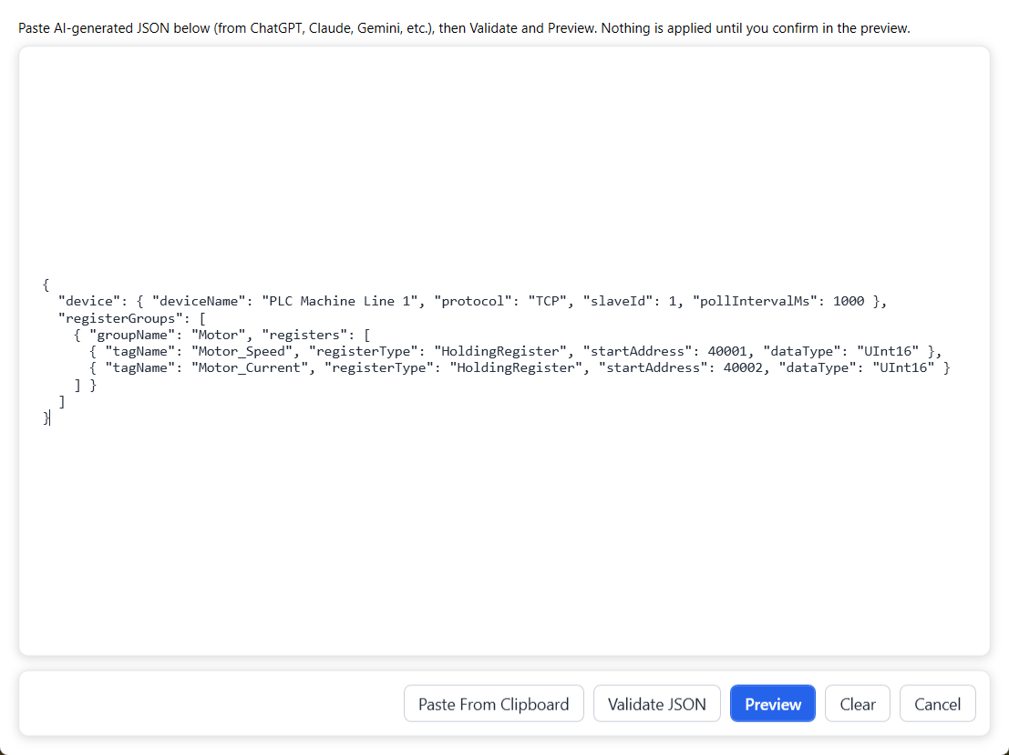 Actual Paste JSON configuration screen