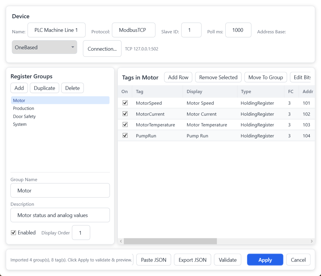 Register Configuration Editor with groups and tags